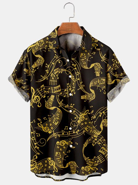 Men's Music Casual Print Short Sleeve Shirt, Yellow, Men's Floral shirt