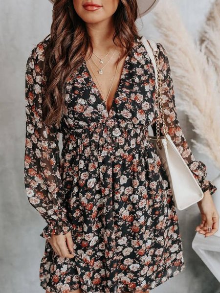 Floral Neck V-Neck Casual Dress, Black, Floral Dresses