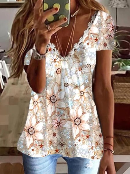 Cotton Blends Vacation Floral Lace V Neck Shirts & Tops, Multicolor, T-Shirts
Cotton Blends Vacation Floral Lace V Neck Shirts & Tops, Multicolor, T-Shirts