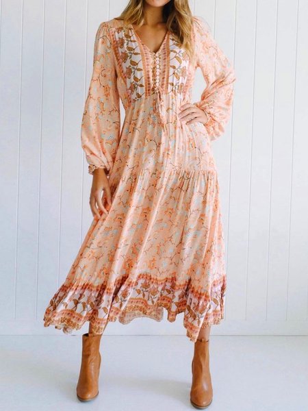 Loosen V Neck Floral Dresses, Orange, Midi Dresses