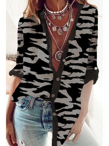 Casual Stand Collar Shirts & Tops, Black, Blouses & Shirts