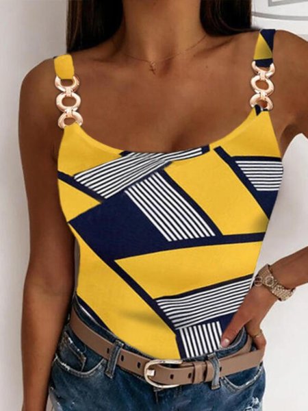 Casual Sleeveless Plus Size Printed Tops Vests, Yellow, Tank Top