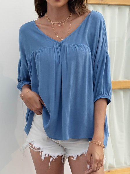 V Neck Casual Loosen Shirts & Tops, Blue, Long sleeve tops