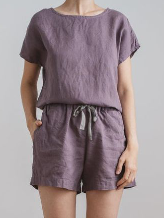 Crew Neck Plain Casual Two Piece Sets, Purple, Two-piece Outfits