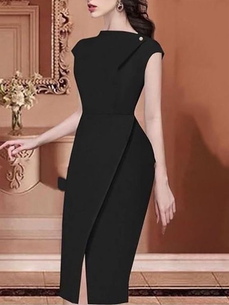 Regular Fit Plain Elegant Daily Dress, Black, Maxi Dresses