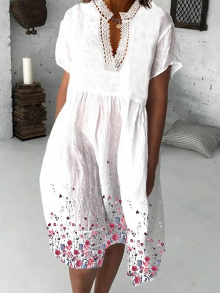 Floral print lace stitching spring new comfortable loose dress, White, Midi Dresses
Floral print lace stitching spring new comfortable loose dress, White, Midi Dresses