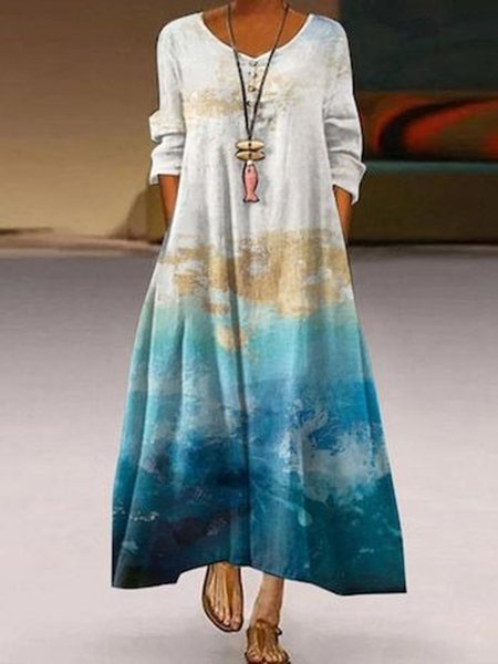 Abstract Printed Casual Buttoned Long Sleeve A-line Loosen Dresses, As picture, Maxi Dresses