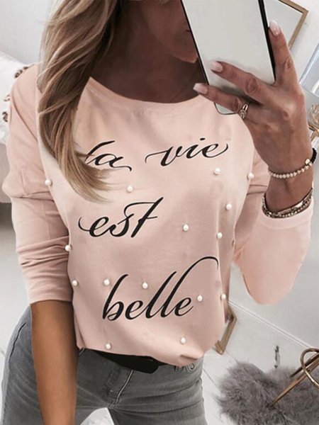 Long Sleeve Casual Letter Shirts & Tops, Nude, T-Shirts