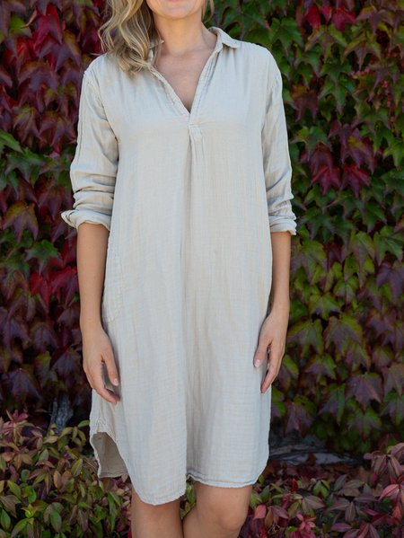 Plain Solid Shirt Collar Casual Cotton Loosen Dresses, Apricot, Midi Dresses
