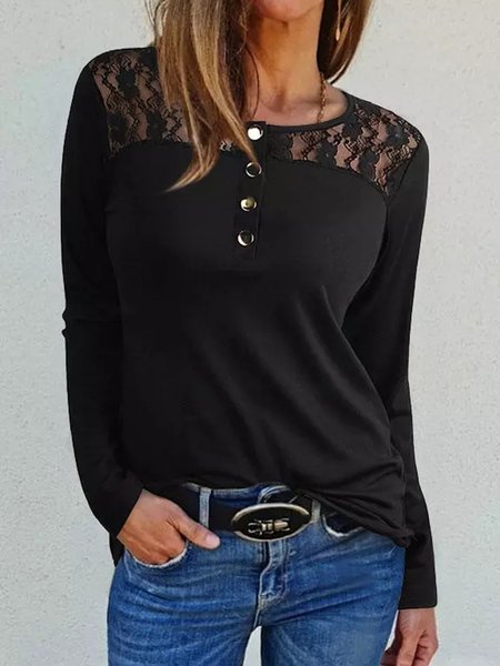 Crew Neck Casual Regular Fit Shirts & Tops, Black, Tops