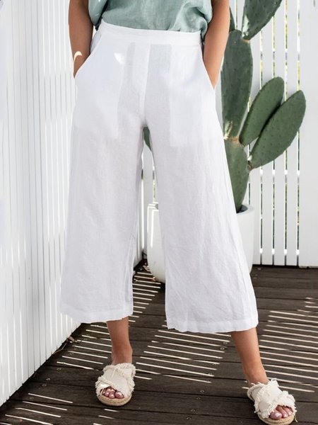 Plus Size Casual Solid Loosen Pocket Linen Pants, White, Pants