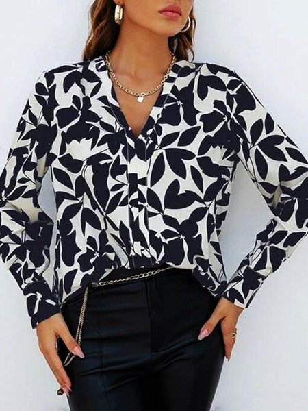 Casual Leaves Printed V Neck Loosen Shirts & Tops, Black, Tops