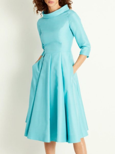 Elegant Slim Fit Stand Collar Three Quarter Dress, Blue, Midi Dresses