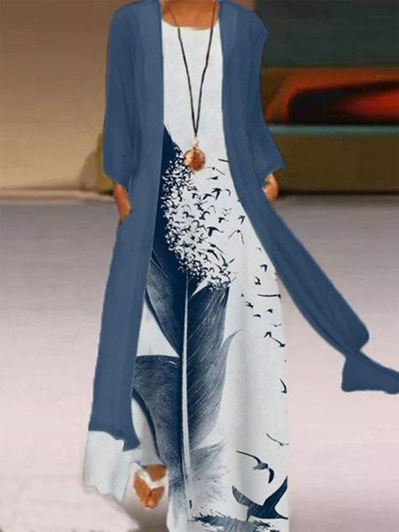 Vintage Crew Neck Dresses, Blue, Maxi Dresses
