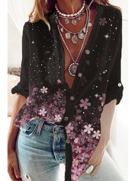 Floral Loosen Casual Shirts & Tops, Black, Blouses & Shirts