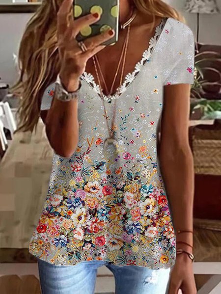 Floral Cotton Blends Lace V Neck Vacation Short sleeve tops, Multicolor, T-Shirts
Floral Cotton Blends Lace V Neck Vacation Short sleeve tops, Multicolor, T-Shirts