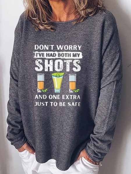 Crew Neck Letter Printed Loosen Long Sleeves Cotton Blends T-shirt Shirts & Tops, Deep gray, T-Shirts