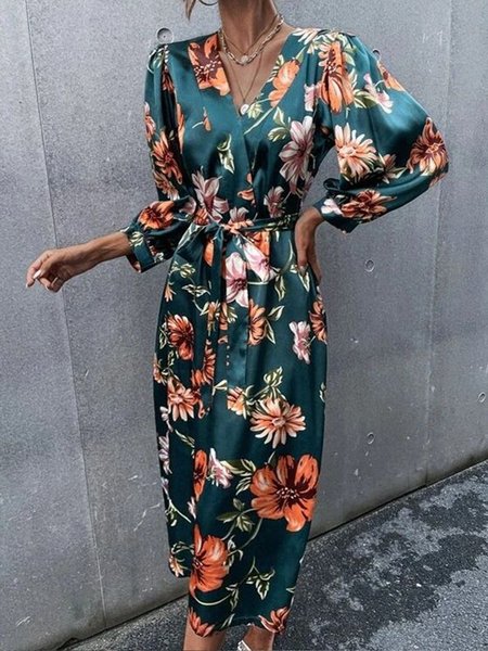 Floral Elegant V Neck Daily Dress, Green, Midi Dresses