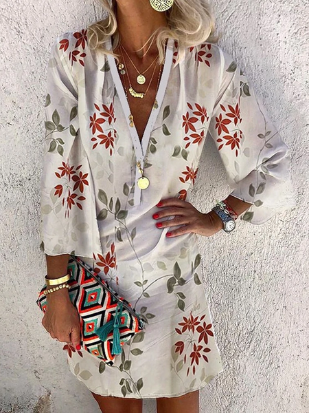 Floral V Neck Regular Fit Vacation Dresses, White, Mini Dresses