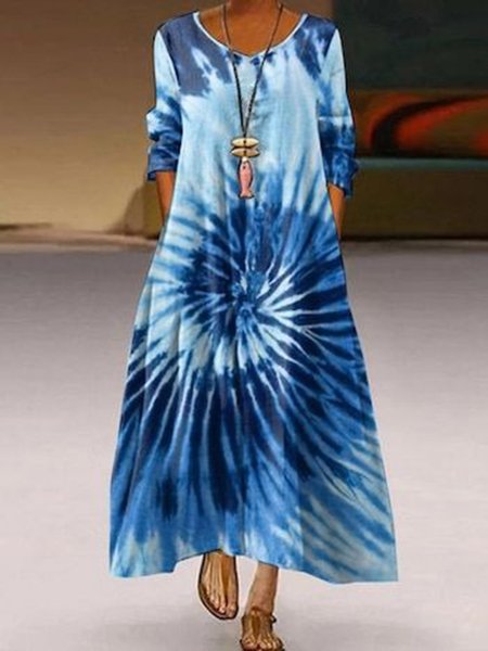 Casual Tie Dye Round Neck Long Sleeve A-line Loosen Dresses, Blue, Maxi Dresses