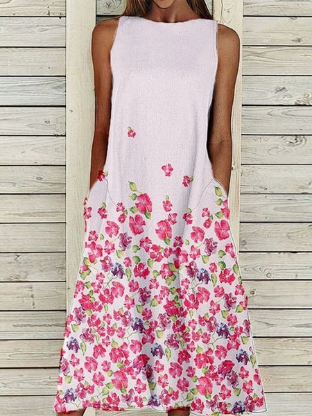 Floral Crew Neck Regular Fit Casual Vacation Maxi Dresses, Pink, Floral Dresses