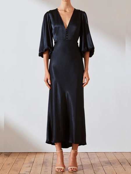Solid Bishop Sleeve Slim Fit Long Dress, Black, Maxi Dresses