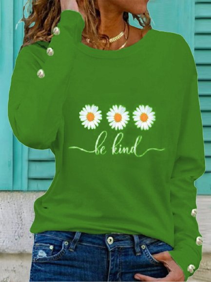 Daisy Be Kind Long Sleeves Crew Neck Buttoned Plus Size Casual Tops, Green, T-Shirts