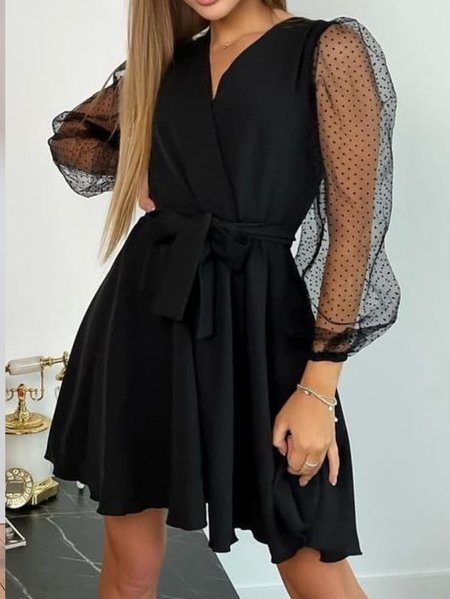Mesh Puff Sleeve V Neck Black Belted Dress, Mini Dresses