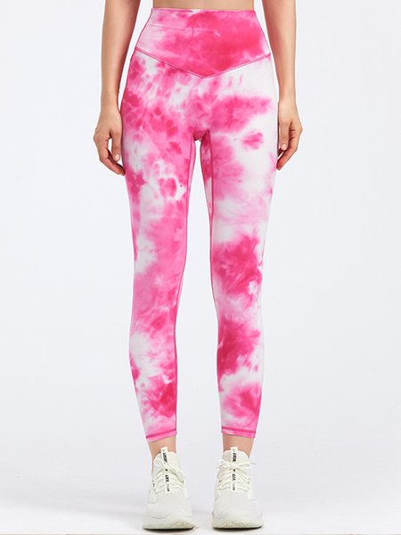 Tie-dye fitness pants women's tight sports nude yoga clothes peach hip lift high waist yoga pants women, Pink, Leggings