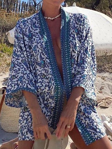 Floral Casual Loosen Long Sleeve Outerwear, Blue, Outerwear