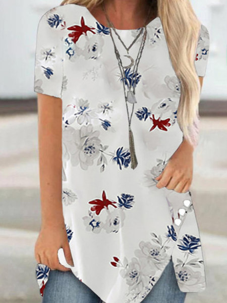 Floral Crew Neck Vacation Shirts & Tops, White, T-Shirts