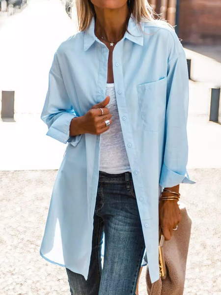 Plain Loosen Shirt Collar Shirts & Tops, Light blue, Blouses & Shirts