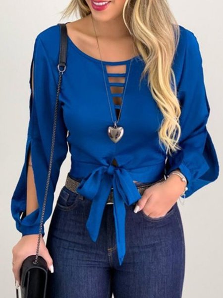 Plain Casual Crew Neck Loosen Daily Top, Blue, Tops