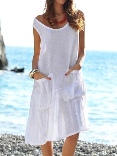 Casual Solid Crew Neck Sleeveless Pocket Loosen Short sleeve Woven Dress, White, Midi Dresses
Casual Solid Crew Neck Sleeveless Pocket Loosen Short sleeve Woven Dress, White, Midi Dresses
