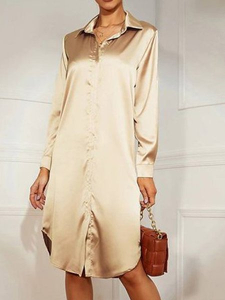 Solid Shirt Collar Long sleeve Dress, Golden, Midi Dresses