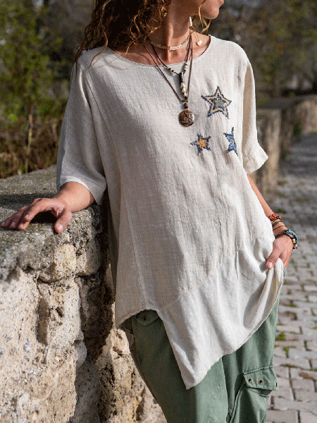 Beige Linen Cotton Star Asymmetric Cut Women's Top, Apricot, Tops