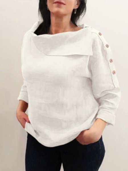 Solid Loosen Casual Lapel Buttoned Top, White, Tops