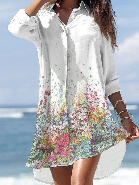 Vacation Floral PrintedShirt Collar Loosen Dresses, Flower, Mini Dresses