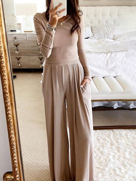 Casual Solid Round Neck Ribbed Crop Top Wide Leg Pants Suits, Khaki, Suit Set
Casual Solid Round Neck Ribbed Crop Top Wide Leg Pants Suits, Khaki, Suit Set