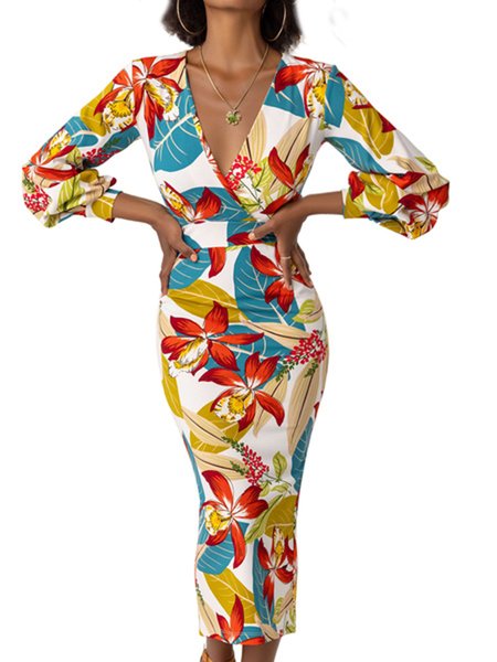 Elegant Floral V neck Regular Fit Dress, Multicolor, Midi Dresses