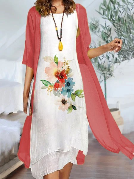 Floral Sleeveless Crew Neck Dress Regular Fit Cotton Blends Coat With Skirt Suits, White, Midi Dresses