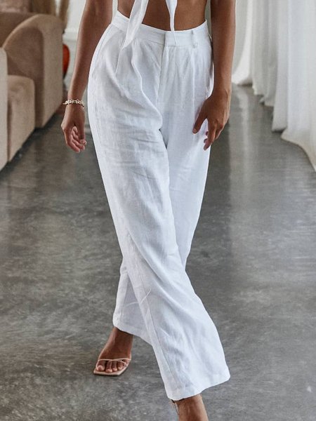 Line Plain Casual Wide Leg Casual Pants, White, Pants