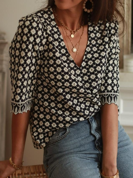 V Neck Loosen Floral Shirts & Tops, Black, T-Shirts