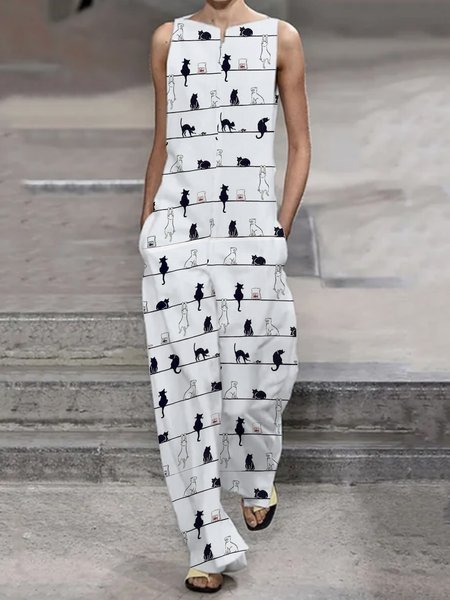 Vacation Cotton Blends Animal Striped Cat Long One-Pieces, White, Jumpsuits & Rompers