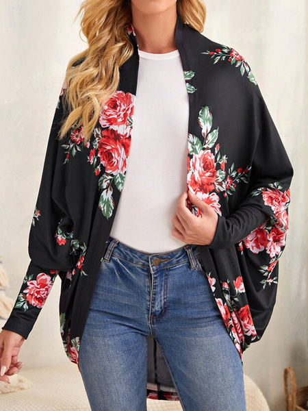Floral Print Dolman Sleeve Coat Floral Batwing Outerwear, Black, Cardigans