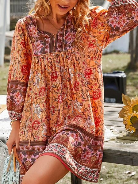 Floral V Neck Casual Dresses, Orange, Mini Dresses