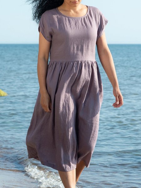 Loosen Casual Cotton Blends Short Sleeves Solid Midi Short sleeve Woven Dress, Lavender, Midi Dresses