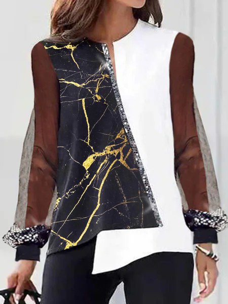 Mesh Sequins Geometric Color-block Casual Shirts & Tops, Black-white, Tops