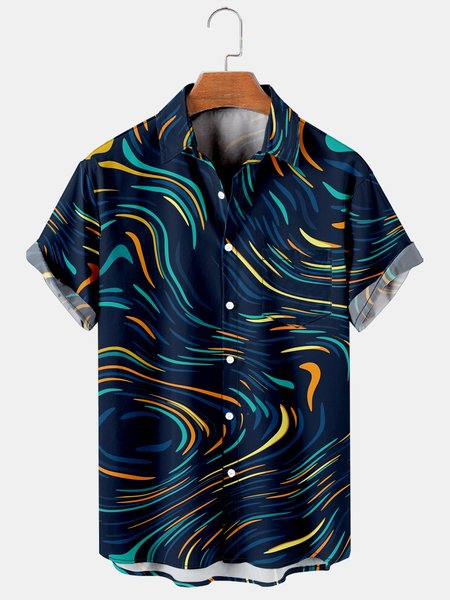 Men's Geometric Texture Print Casual Short Sleeve Shirt, Blue, Men's Floral shirt