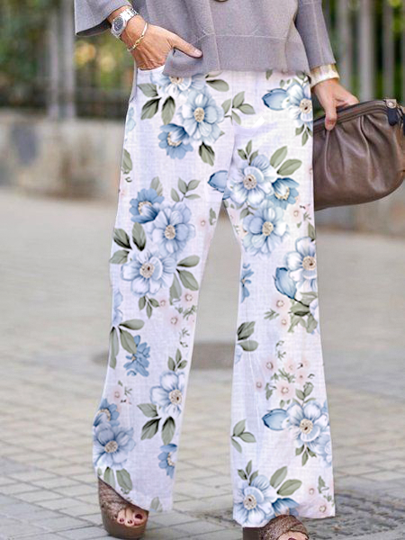 Fresh Floral Slip Pocket Wide-Leg Resort Straight Pants Floral Pants, White, Pants